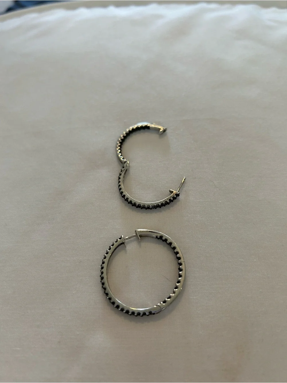 Sterling Silver Hoop Earrings with Black Stone Detailing